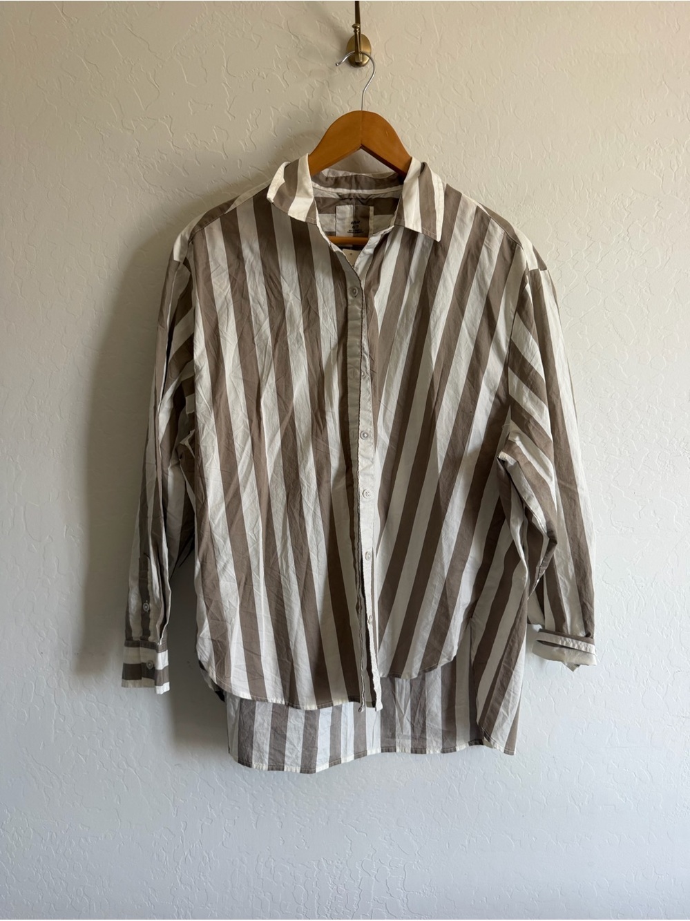 NWT Aerie Good Day Striped Oversized Button Down Shirt XS Taupe Brown White